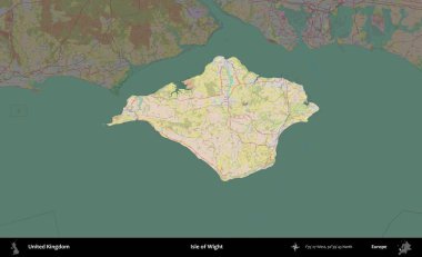 Wight Adası. Birleşik Krallık 'ın idari alanı koyu renk bir OpenStreetMap Standart Haritası üzerine vurgulanmış ve özetlenmiştir