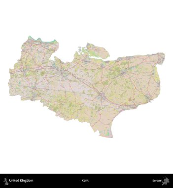 Kent. Birleşik Krallık 'ın idari alanı OpenStreetMap Standart biçim haritasında beyazda izole edildi