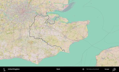 Kent. Birleşik Krallık 'ın bir OpenStreetMap Standart biçim haritasında özetlenmiş idari alanı