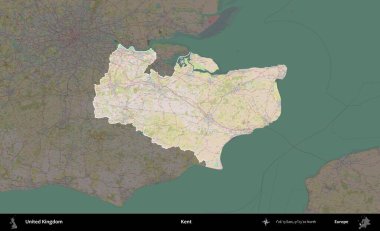 Kent. Birleşik Krallık 'ın idari alanı koyu renk bir OpenStreetMap Standart Haritası üzerine vurgulanmış ve özetlenmiştir