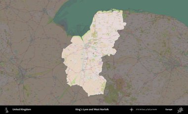 King 's Lynn ve West Norfolk. Birleşik Krallık 'ın idari alanı koyu renk bir OpenStreetMap Standart Haritası üzerine vurgulanmış ve özetlenmiştir