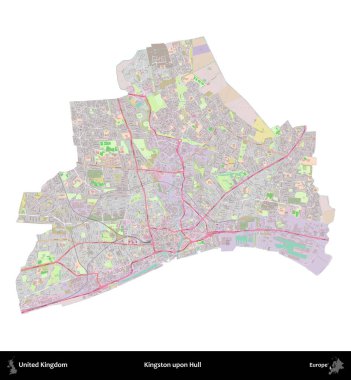 Kingston Hull 'da. Birleşik Krallık 'ın idari alanı OpenStreetMap Standart biçim haritasında beyazda izole edildi