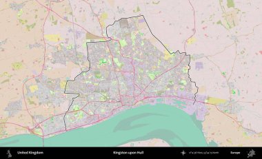 Kingston Hull 'da. Birleşik Krallık 'ın bir OpenStreetMap Standart biçim haritasında özetlenmiş idari alanı
