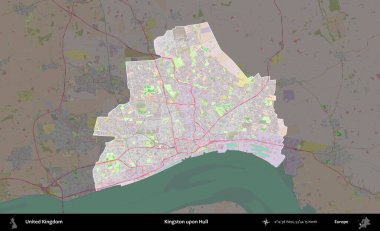 Kingston Hull 'da. Birleşik Krallık 'ın idari alanı koyu renk bir OpenStreetMap Standart Haritası üzerine vurgulanmış ve özetlenmiştir