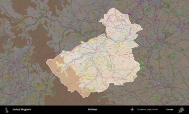 Kirklees. Birleşik Krallık 'ın idari alanı koyu renk bir OpenStreetMap Standart Haritası üzerine vurgulanmış ve özetlenmiştir