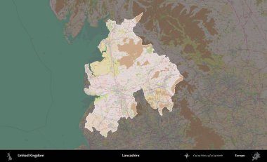 Lancashire. Birleşik Krallık 'ın idari alanı koyu renk bir OpenStreetMap Standart Haritası üzerine vurgulanmış ve özetlenmiştir