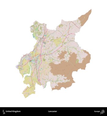 Lancaster. Birleşik Krallık 'ın idari alanı OpenStreetMap Standart biçim haritasında beyazda izole edildi