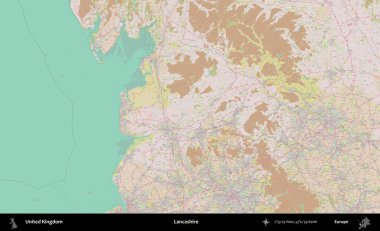Lancashire. OpenStreetMap Standart biçim haritasında Birleşik Krallık 'ın idari alanı