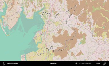 Lancaster. Birleşik Krallık 'ın bir OpenStreetMap Standart biçim haritasında özetlenmiş idari alanı