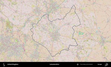 Leicestershire 'da. Birleşik Krallık 'ın bir OpenStreetMap Standart biçim haritasında özetlenmiş idari alanı