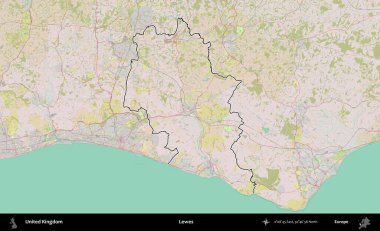 Lewes. Birleşik Krallık 'ın bir OpenStreetMap Standart biçim haritasında özetlenmiş idari alanı