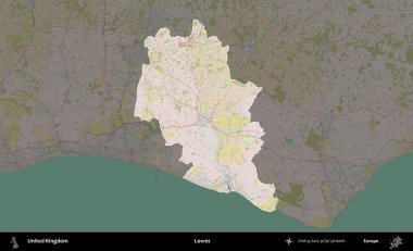 Lewes. Birleşik Krallık 'ın idari alanı koyu renk bir OpenStreetMap Standart Haritası üzerine vurgulanmış ve özetlenmiştir