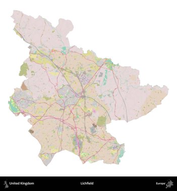 Lichfield 'da. Birleşik Krallık 'ın idari alanı OpenStreetMap Standart biçim haritasında beyazda izole edildi