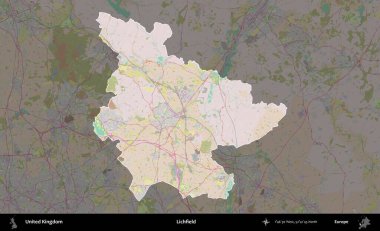 Lichfield 'da. Birleşik Krallık 'ın idari alanı koyu renk bir OpenStreetMap Standart Haritası üzerine vurgulanmış ve özetlenmiştir