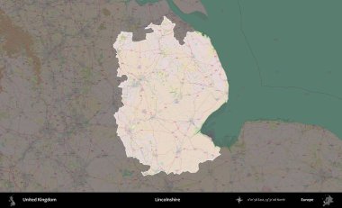 Hughnshire 'da. Birleşik Krallık 'ın idari alanı koyu renk bir OpenStreetMap Standart Haritası üzerine vurgulanmış ve özetlenmiştir