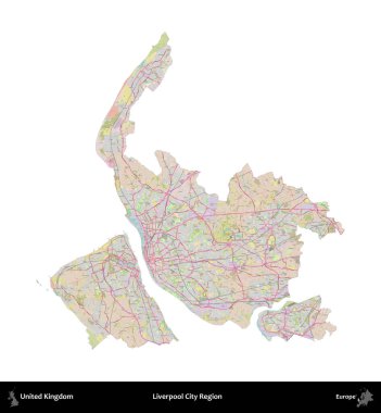 Liverpool Şehri Bölgesi. Birleşik Krallık 'ın idari alanı OpenStreetMap Standart biçim haritasında beyazda izole edildi