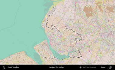 Liverpool Şehri Bölgesi. Birleşik Krallık 'ın bir OpenStreetMap Standart biçim haritasında özetlenmiş idari alanı
