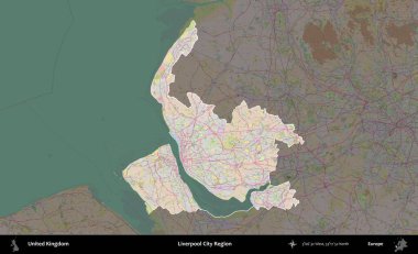 Liverpool Şehri Bölgesi. Birleşik Krallık 'ın idari alanı koyu renk bir OpenStreetMap Standart Haritası üzerine vurgulanmış ve özetlenmiştir