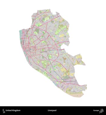 Liverpool 'da. Birleşik Krallık 'ın idari alanı OpenStreetMap Standart biçim haritasında beyazda izole edildi