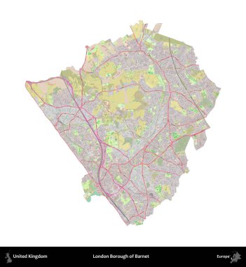 Londra Barnet İlçesi. Birleşik Krallık 'ın idari alanı OpenStreetMap Standart biçim haritasında beyazda izole edildi