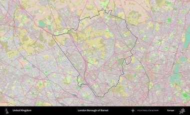 Londra Barnet İlçesi. Birleşik Krallık 'ın bir OpenStreetMap Standart biçim haritasında özetlenmiş idari alanı