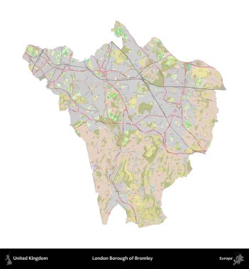 Bromley 'in Londra ilçesi. Birleşik Krallık 'ın idari alanı OpenStreetMap Standart biçim haritasında beyazda izole edildi