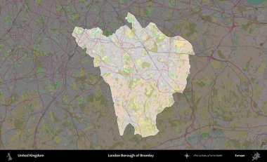 Bromley 'in Londra ilçesi. Birleşik Krallık 'ın idari alanı koyu renk bir OpenStreetMap Standart Haritası üzerine vurgulanmış ve özetlenmiştir