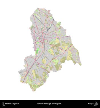 Croydon 'un Londra ilçesi. Birleşik Krallık 'ın idari alanı OpenStreetMap Standart biçim haritasında beyazda izole edildi