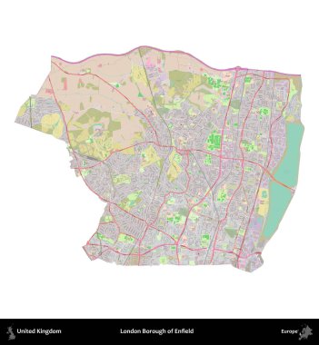 Londra Enfield İlçesi. Birleşik Krallık 'ın idari alanı OpenStreetMap Standart biçim haritasında beyazda izole edildi