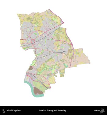 Londra Havering İlçesi. Birleşik Krallık 'ın idari alanı OpenStreetMap Standart biçim haritasında beyazda izole edildi