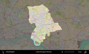 Londra Havering İlçesi. Birleşik Krallık 'ın idari alanı koyu renk bir OpenStreetMap Standart Haritası üzerine vurgulanmış ve özetlenmiştir