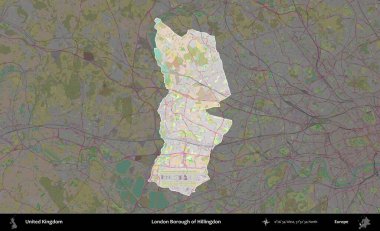 Londra Hillingdon İlçesi. Birleşik Krallık 'ın idari alanı koyu renk bir OpenStreetMap Standart Haritası üzerine vurgulanmış ve özetlenmiştir