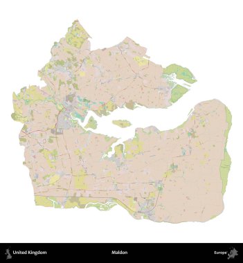 Maldon. Birleşik Krallık 'ın idari alanı OpenStreetMap Standart biçim haritasında beyazda izole edildi