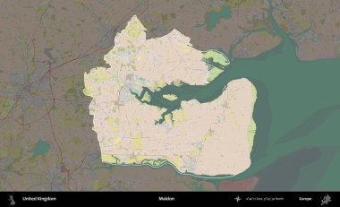 Maldon. Birleşik Krallık 'ın idari alanı koyu renk bir OpenStreetMap Standart Haritası üzerine vurgulanmış ve özetlenmiştir