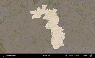 Malvern Tepeleri. Birleşik Krallık 'ın idari alanı koyu renk bir OpenStreetMap Standart Haritası üzerine vurgulanmış ve özetlenmiştir