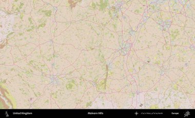 Malvern Tepeleri. OpenStreetMap Standart biçim haritasında Birleşik Krallık 'ın idari alanı