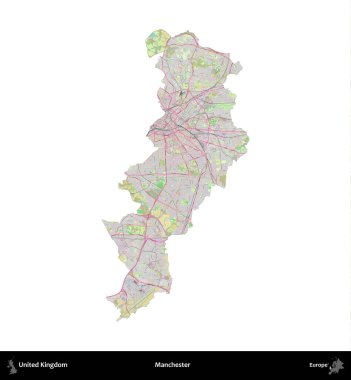 Manchester mı? Birleşik Krallık 'ın idari alanı OpenStreetMap Standart biçim haritasında beyazda izole edildi