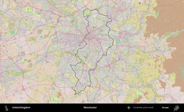 Manchester mı? Birleşik Krallık 'ın bir OpenStreetMap Standart biçim haritasında özetlenmiş idari alanı