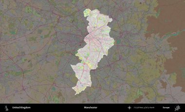 Manchester mı? Birleşik Krallık 'ın idari alanı koyu renk bir OpenStreetMap Standart Haritası üzerine vurgulanmış ve özetlenmiştir