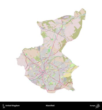 Mansfield. Birleşik Krallık 'ın idari alanı OpenStreetMap Standart biçim haritasında beyazda izole edildi