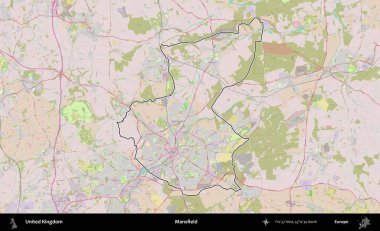 Mansfield. Birleşik Krallık 'ın bir OpenStreetMap Standart biçim haritasında özetlenmiş idari alanı