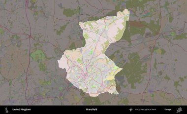 Mansfield. Birleşik Krallık 'ın idari alanı koyu renk bir OpenStreetMap Standart Haritası üzerine vurgulanmış ve özetlenmiştir