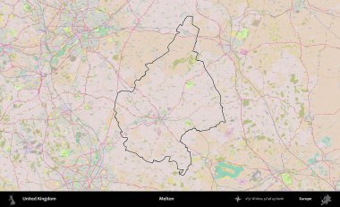 Melton. Birleşik Krallık 'ın bir OpenStreetMap Standart biçim haritasında özetlenmiş idari alanı