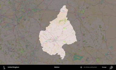 Melton. Birleşik Krallık 'ın idari alanı koyu renk bir OpenStreetMap Standart Haritası üzerine vurgulanmış ve özetlenmiştir