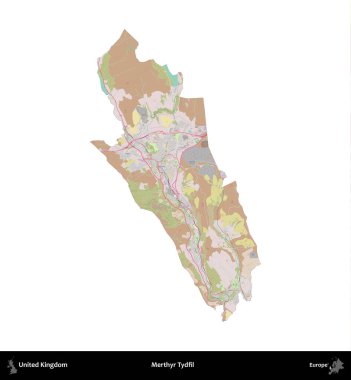 Merthyr Tydfil. Birleşik Krallık 'ın idari alanı OpenStreetMap Standart biçim haritasında beyazda izole edildi