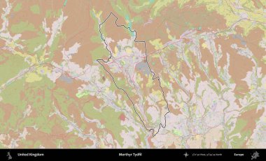 Merthyr Tydfil. Birleşik Krallık 'ın bir OpenStreetMap Standart biçim haritasında özetlenmiş idari alanı