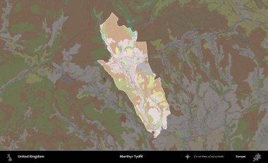 Merthyr Tydfil. Birleşik Krallık 'ın idari alanı koyu renk bir OpenStreetMap Standart Haritası üzerine vurgulanmış ve özetlenmiştir