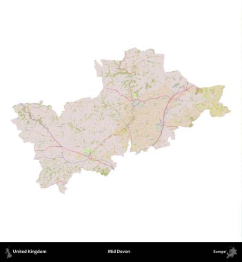 Devon 'ın ortası. Birleşik Krallık 'ın idari alanı OpenStreetMap Standart biçim haritasında beyazda izole edildi