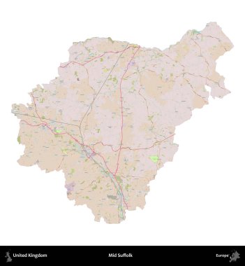 Suffolk 'un ortası. Birleşik Krallık 'ın idari alanı OpenStreetMap Standart biçim haritasında beyazda izole edildi