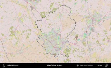 Milton Keynes şehri. Birleşik Krallık 'ın bir OpenStreetMap Standart biçim haritasında özetlenmiş idari alanı